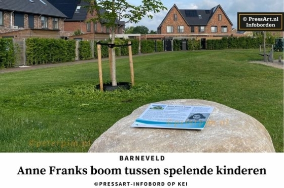 Informatiebord bij kastanjeboom van Anne Frank, geplaatst door PressArt in Barneveld.