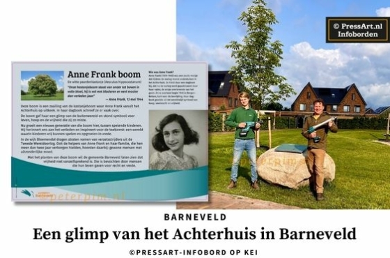 Duurzaam informatiepaneel over Anne Frank, geplaatst in wijk Bloemendal in Barneveld.