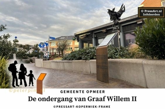 Infobord over Graaf Willem II in Opmeer bij cortenstalen kunstwerk