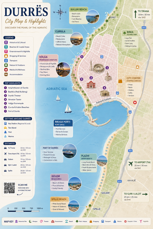 Explore Durrës with our interactive city map and discover the city's main attractions, beaches and coastal areas.