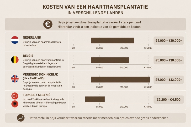 De kosten van haartransplantatie in het buitenland liggen aanzienlijk lager dan in Nederland en Belgie. Hieronder lees je waarom dit mogelijk is en of het betrouwbaar is.