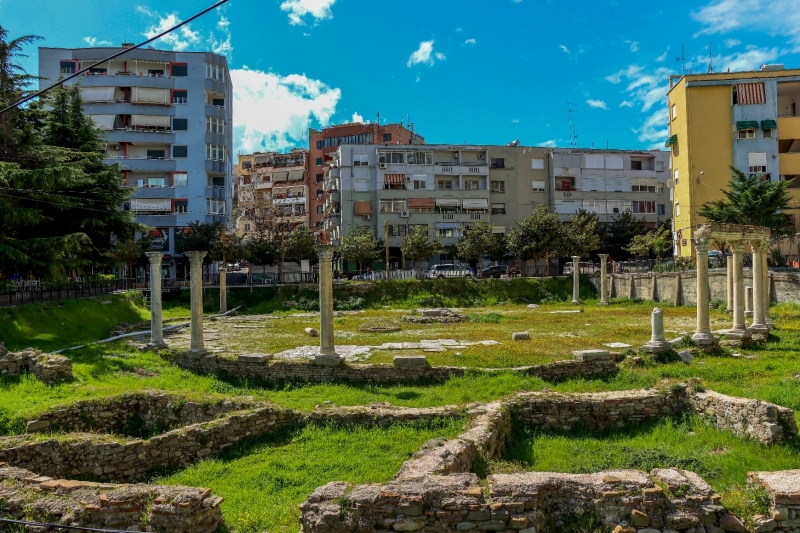 The Byzantine Forum in Durrës, Albania, featuring its historic Corinthian columns and archaeological remains, highlighted in our Durrës City Guide.