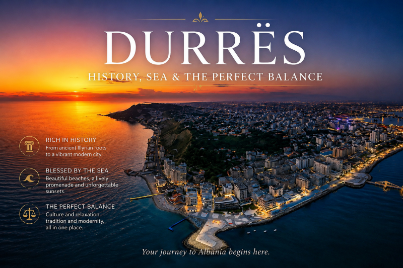 Panoramic view of Durrës, Albania, featured in our Durrës City Guide, showing the historic city, Adriatic Sea and beautiful coastline.
