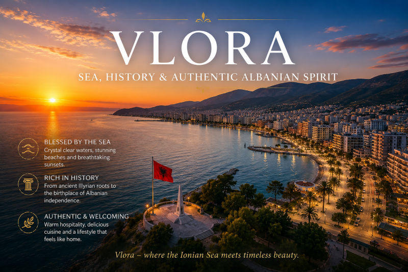 Panoramic view of Vlorë, Albania, featured in our Durrës City Guide. Compare Durrës vs Vlorë to choose the best beach destination in Albania.