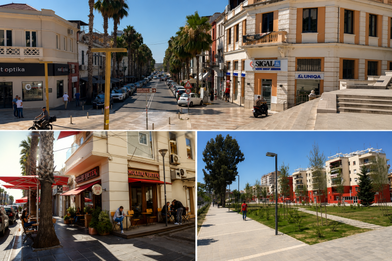 Collage of popular local places in Durrës, Albania, including Rruga Epidamn, local cafés, parks, the Roman Amphitheatre and the seaside promenade. Featured in the Durrës City Guide.