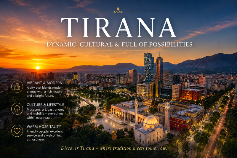 Panoramic view of Tirana, Albania featuring Skanderbeg Square and the modern skyline. Compare Durrës vs Tirana to choose the best destination for your trip.