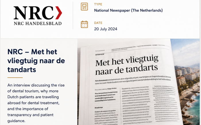 NRC newspaper article about dental tourism in Albania featuring the growing popularity of medical tourism for Dutch patients.