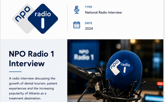 NPO Radio 1 interview discussing medical tourism in Albania, patient experiences and the growing popularity of dental treatment abroad.