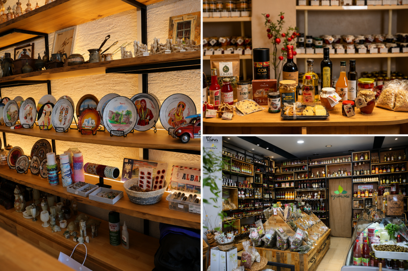Traditional souvenir shop in Durrës, Albania, displaying handmade Albanian gifts, magnets, ceramics and local souvenirs. Featured in the Durrës City Guide.