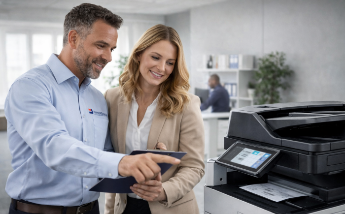 Printerservice-specialist bespreekt printanalyse en optimalisatie bij zakelijke printer op locatie.