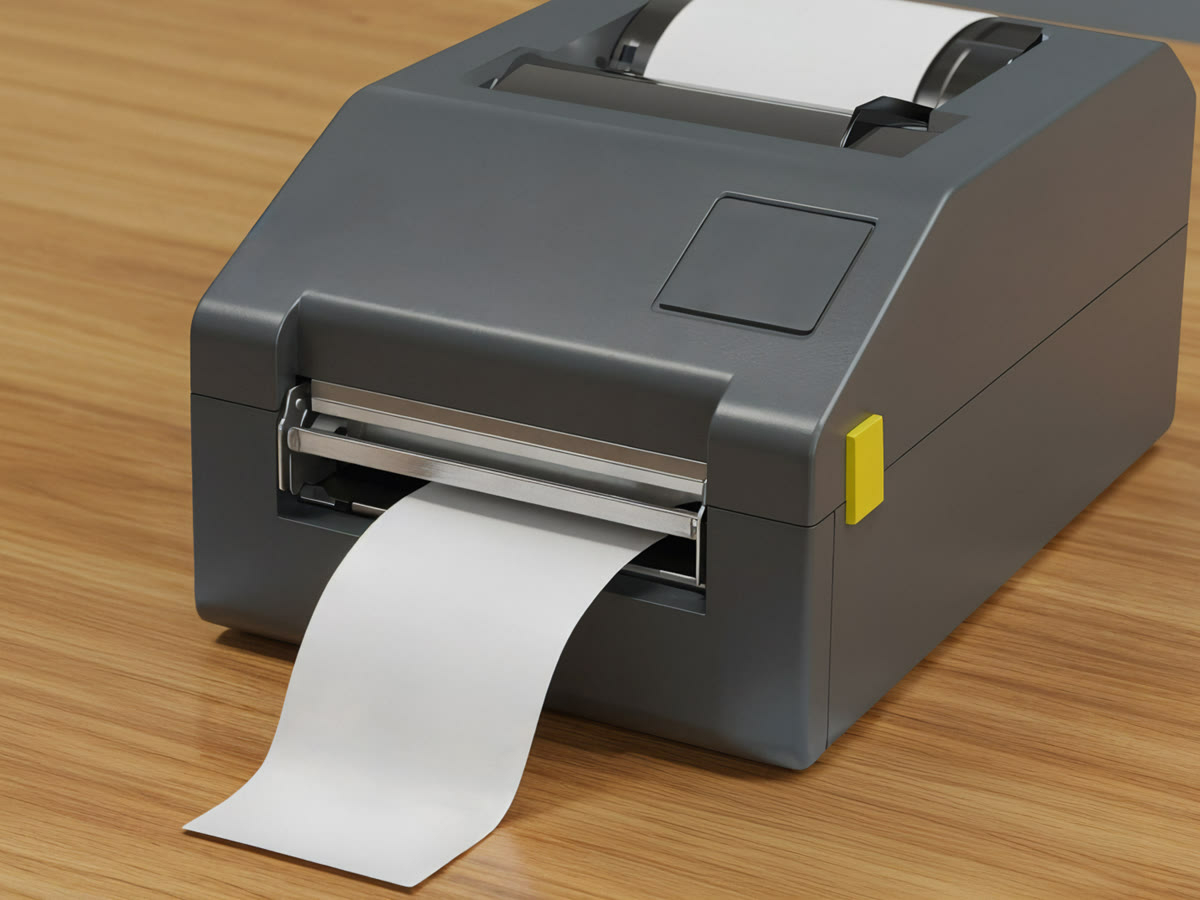 Labelprinter die een label print Zakelijke desktop labelprinter op een houten tafel die een label uit de printkop voert