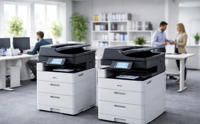 Voor en na situatie van printmanagement bij een MKB-bedrijf met 25 medewerkers: van 5 losse printers en storingen naar 2 centrale multifunctionals met vaste maandkosten.