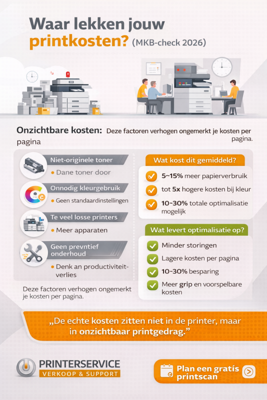 Waar lekken printkosten bij MKB-bedrijven? Infographic over printkosten verlagen bij MKB-bedrijven met overzicht van onzichtbare kosten zoals toner, kleurgebruik, onderhoud en mogelijke besparing van 10–30%.