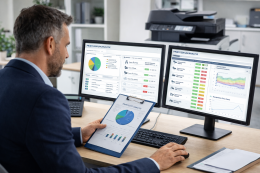 IT-professional analyseert printgegevens op laptop naast zakelijke multifunctionele printer in kantooromgeving.