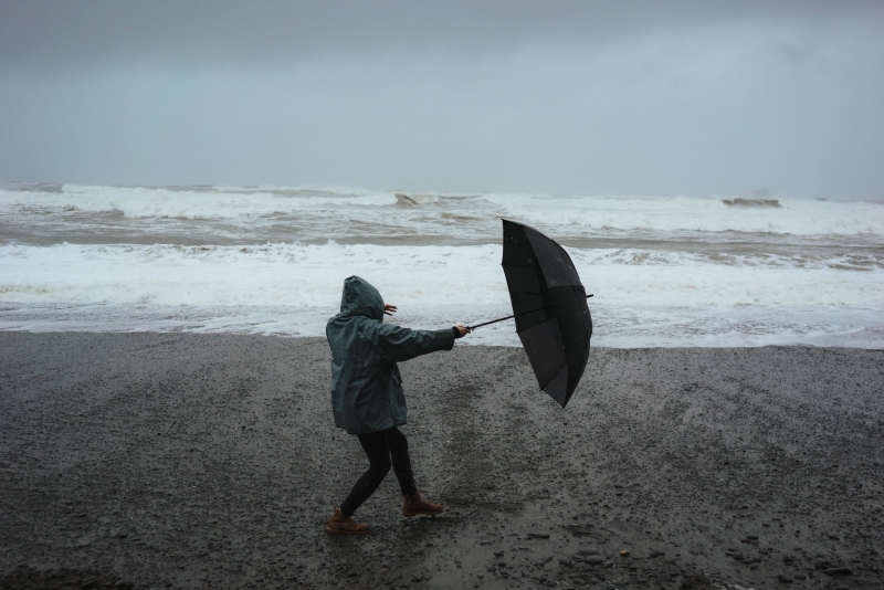 storm, vrouw, paraplu, wind, strand, weerstand