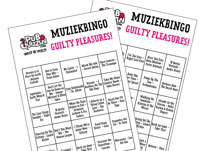 Unieke Muziekbingo-kaarten van Pubquizzen.com om zelf een Muziekbingo te organiseren