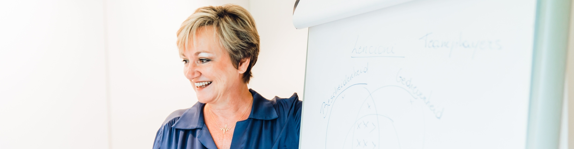een vrouw schrijft tips op een bord tijdens een leiderschap coaching