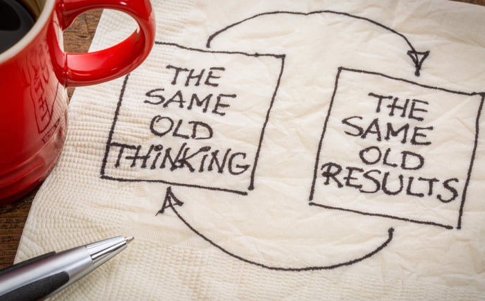 Met ezelfde manier van denken dan heb je ook de zelfde oude resultaten. Geschreven op een servet.