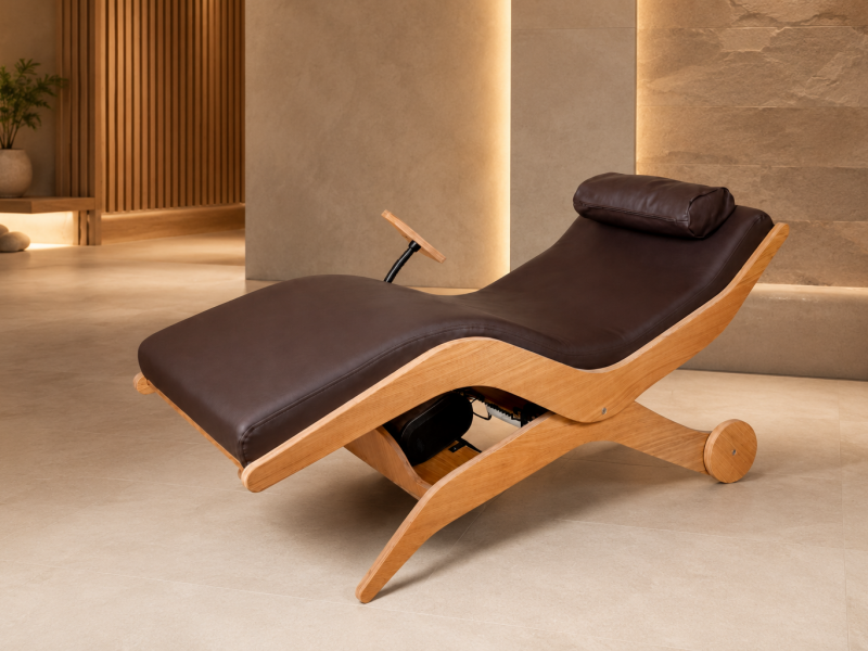 ARORA Base relaxligstoel met donkerbruine bekleding en houten frame, stijlvol gepresenteerd in een warm en luxe spa-interieur.