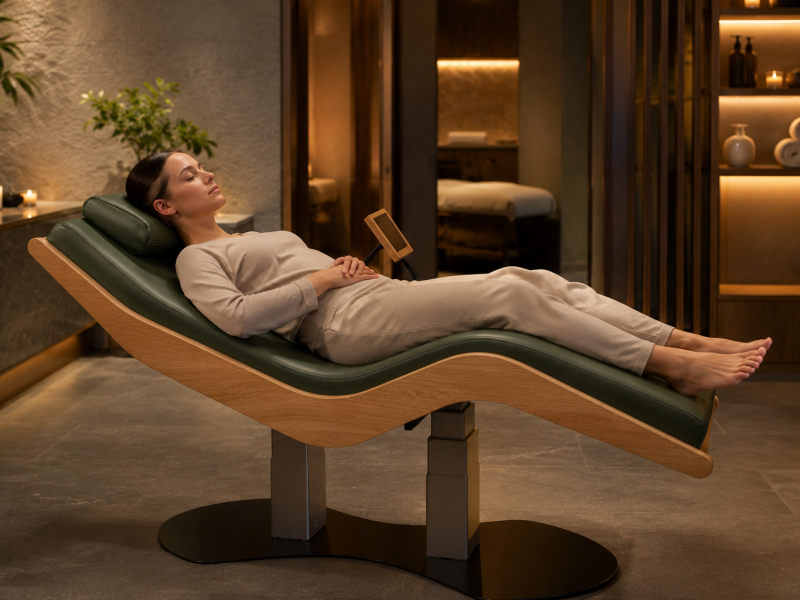 Vrouw ontspant op de ARORA Lift in een luxe spaomgeving met warme verlichting en natuurlijke materialen.