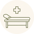 Pictogram van een behandelbank met medisch kruis als symbool voor het gebruik van ARORA in praktijken.