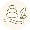 Pictogram met wellnessstenen, blad en golven als symbool voor ARORA in spa- en wellnessomgevingen.