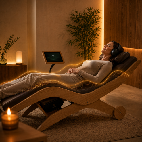 Ontspannen vrouw op de Relax Sensation ARORA Base met hoofdtelefoon, waarbij subtiele haptische impulsen de combinatie van geluid, gevoel en ontspanning verbeelden.
