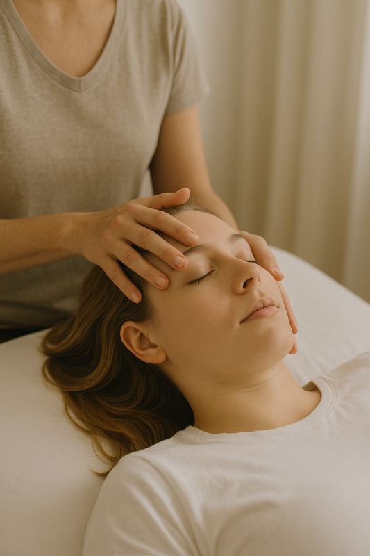 Therapeut ondersteunt het craniosacrale ritme van een vrouwelijke cliënt tijdens een sessie