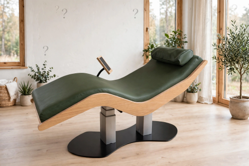 Arora Lift wellness ligstoel met groene bekleding en eikenhouten frame in lichte Scandinavische wellness ruimte, met subtiele vraagtekens op de muur als symbool voor veelgestelde vragen over de ligstoel