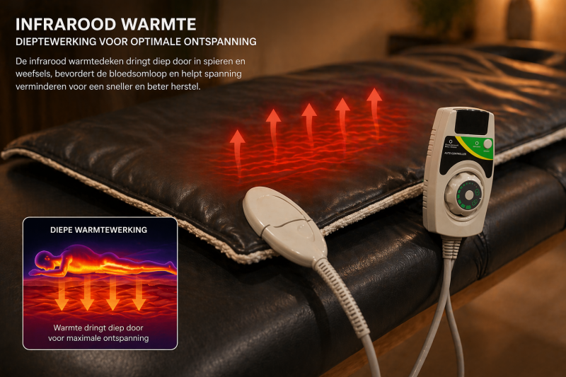 Close-up van infrarood warmtedeken op massagetafel met zichtbare warmtewerking voor diepe ontspanning van spieren
