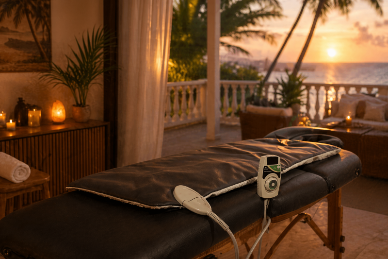 Infrarood warmtedeken op massagetafel in een Caribische massagepraktijk voor optimale ontspanning en comfort