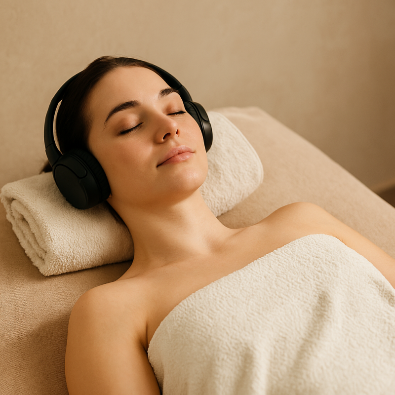 Een jonge vrouw ligt op een massagetafel met een zachte handdoek en draagt een koptelefoon, volledig ontspannen terwijl ze geniet van rustgevende muziek tijdens een massage.