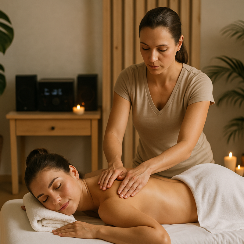 Massage in een sfeervolle praktijkruimte met zachte verlichting, kaarsen en muziek op de achtergrond