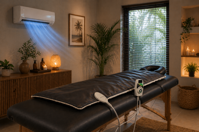 Massagetafel in gekoelde behandelruimte waarbij warmtedeken zorgt voor extra comfort