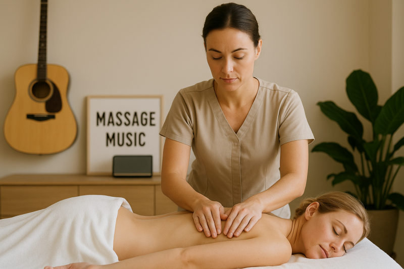 Massagebehandeling in rustgevende ruimte met achtergrondmuziek en natuurlijke elementen