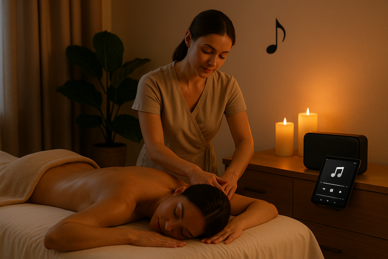Massagebehandeling in warme avondsetting met kaarslicht en muziekspeler op de achtergrond