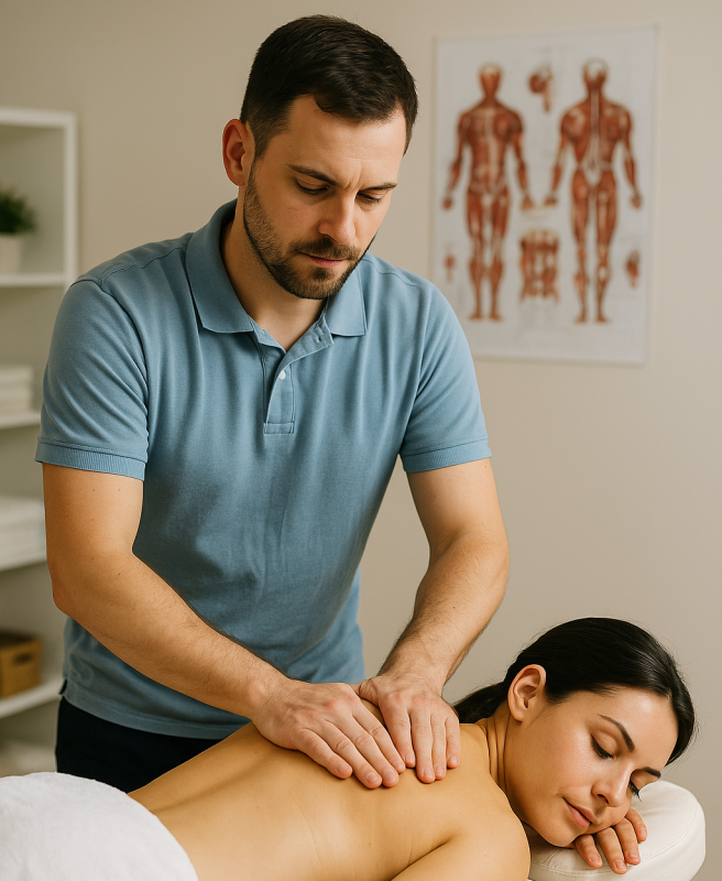 Professionele massage in een therapieruimte met anatomieposter op de achtergrond.