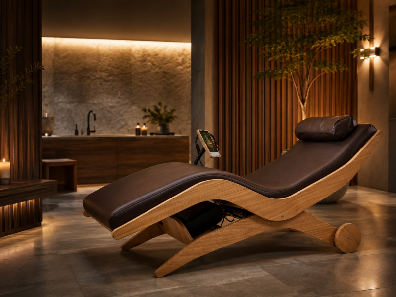 Relax Sensation ARORA Base met donkerbruine bekleding en licht eikenhouten frame in een warme, luxe wellnessomgeving.