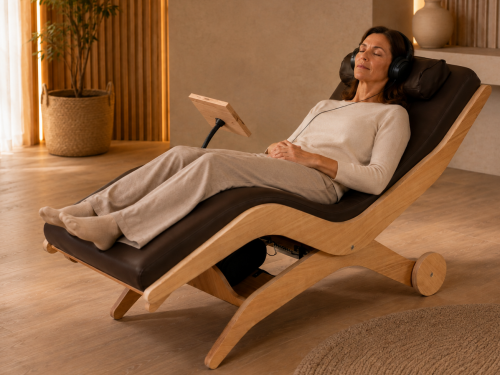 Vrouw ontspant met hoofdtelefoon op de Relax Sensation ARORA Base in een warme wellnessomgeving.