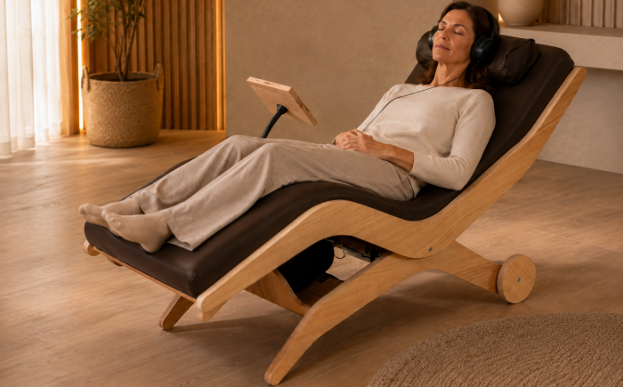 Vrouw ontspant met hoofdtelefoon op de Relax Sensation ARORA Base in een warme wellnessomgeving.