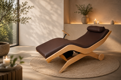Relax Sensation ARORA Base met licht eikenhouten frame en donkerbruine bekleding in een warme, stijlvolle wellnessruimte.