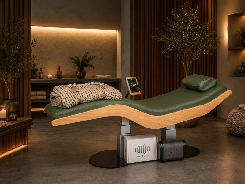 Relax Sensation ARORA Lift met groene bekleding, licht eikenhouten frame en Seroton-technologie in een warme, luxe wellnessruimte.