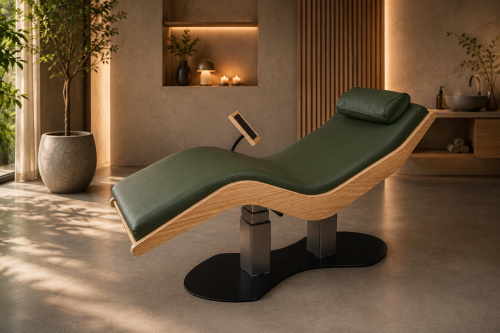 Relax Sensation ARORA Lift met groene bekleding, houten frame en elektrische hoogteverstelling in een warme, luxe wellnessruimte.