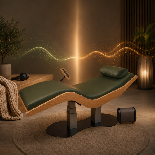 Relax Sensation ARORA ligbank in een luxe wellnessruimte met hoofdtelefoon, Seroton-technologie en subtiele lichtgolven die geluid en haptische beleving verbeelden.