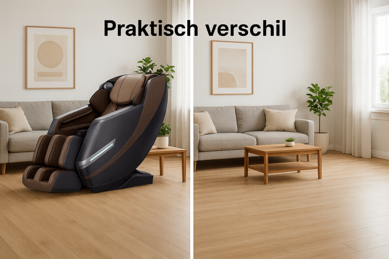 Vergelijking van een woonkamer mét logge massagestoel en zonder stoel: ruimtewinst zichtbaar.