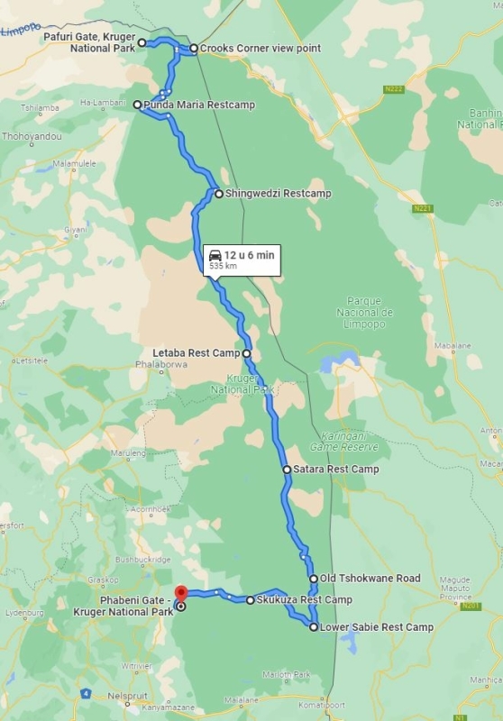 Route door Kruger van noord naar zuid