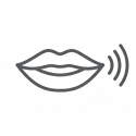 Lijntekening icoon van een vriendelijke, sprekende mond met geluidsgolven, symbool voor het opbouwen van zelfvertrouwen om Nederlands te spreken en actief deel te nemen aan gesprekken.