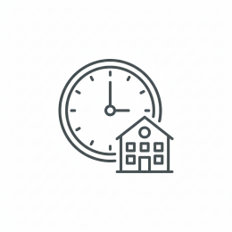 Icoon van een klok en schoolgebouw, symbool voor flexibele inzet als invalleerkracht in het onderwijs.
