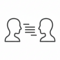 Lijntekening icoon van twee mensen in gesprek, symbool voor het direct oefenen van Nederlands en het opbouwen van spreekvertrouwen.