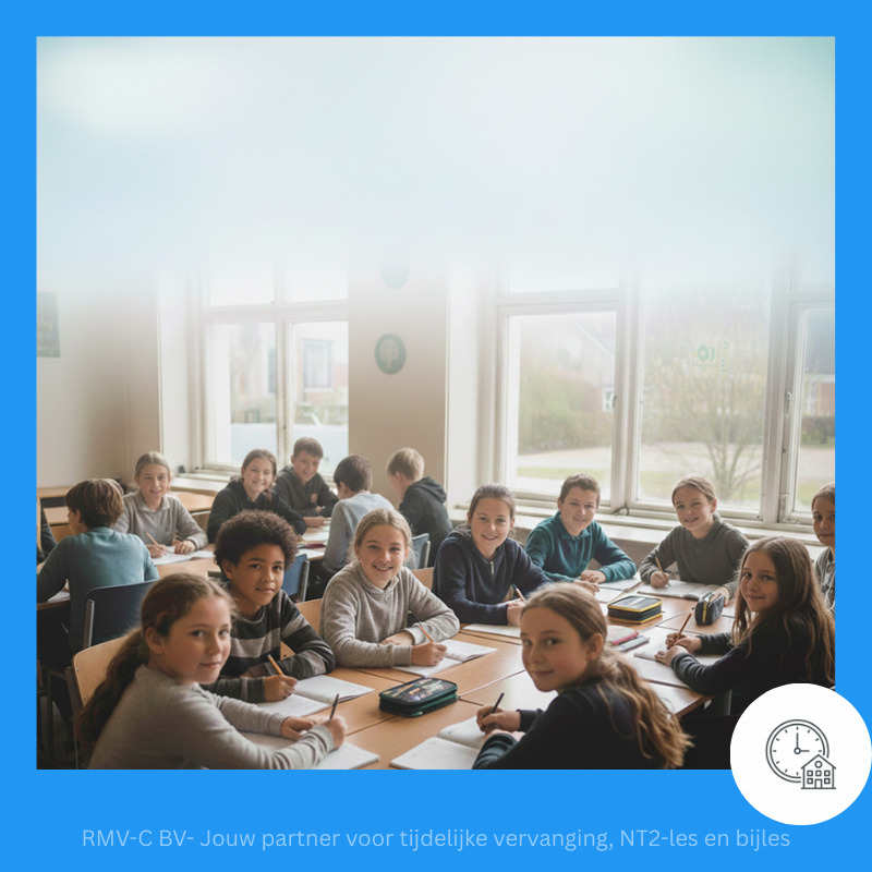 Een groep leerlingen in een klaslokaal aan hun bureaus, illustratie bij een blog over populaire kindernamen in het onderwijs.